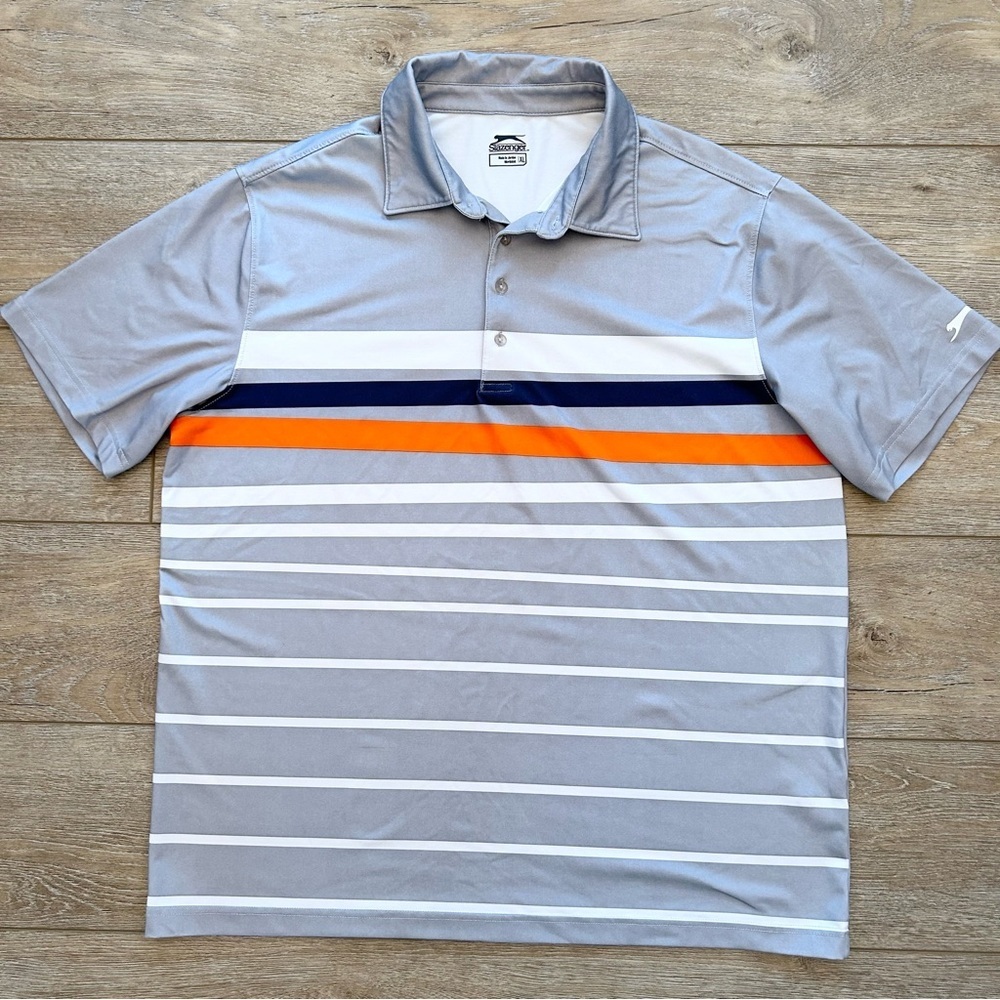 Slazenger Men’s Golf Sport Polo Shirt Size XL Gray Striped Front Breathable